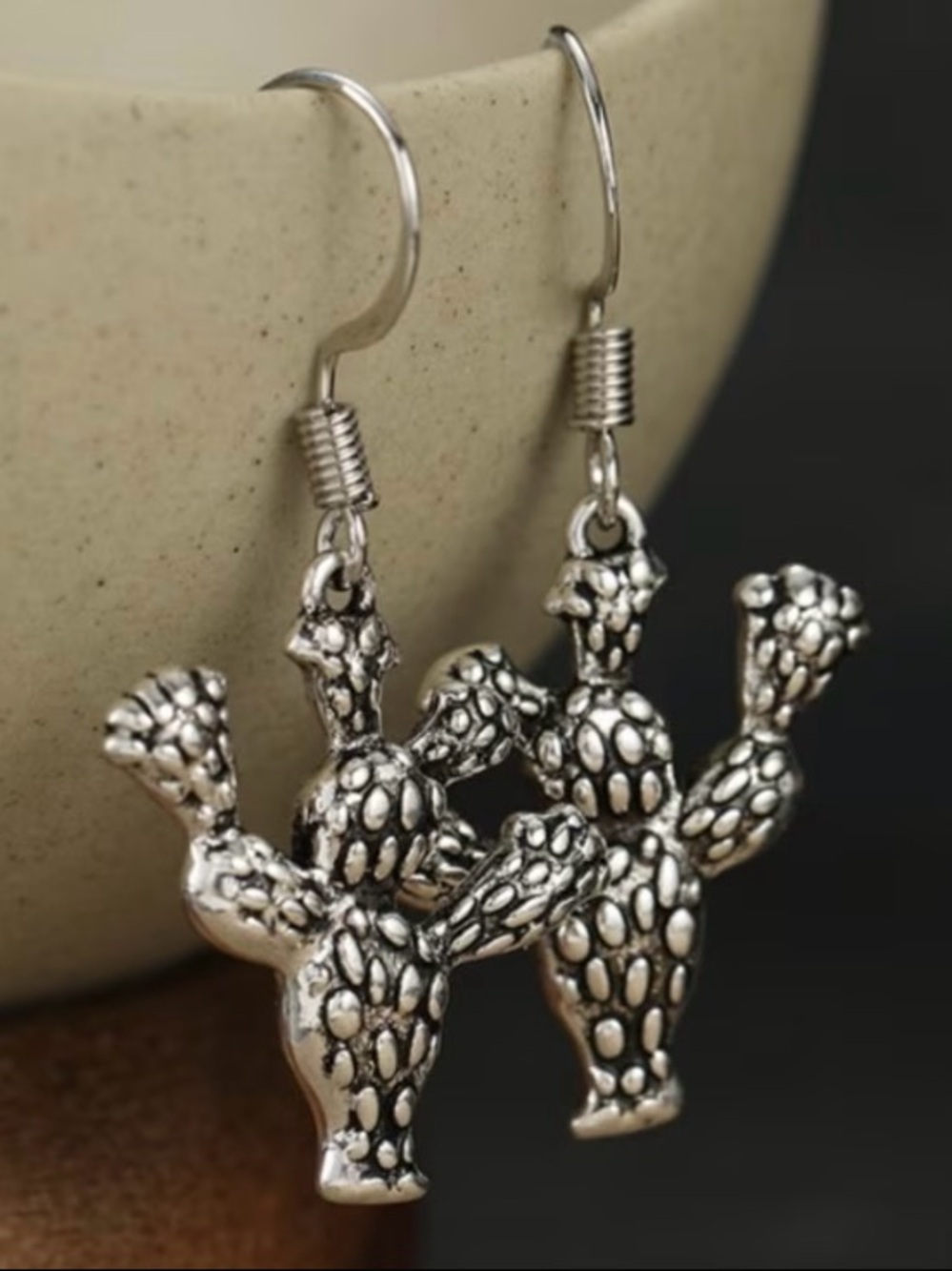 Textured Silver Cactus Drop Earrings for Women